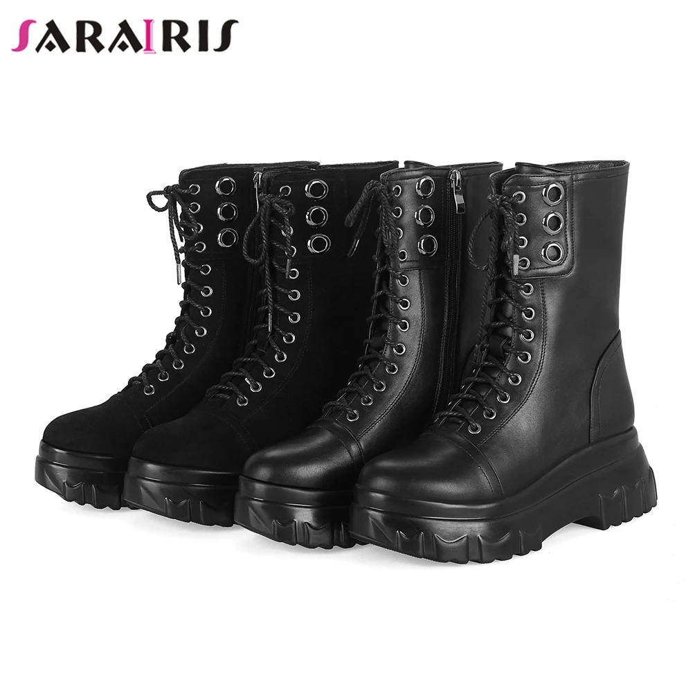 

SARAIRIS 33-42 Black High Platform Booties Ladies mid-calf Motorcycle Boots Women 2020 Winter Warm Fur High Heels Shoes Woman