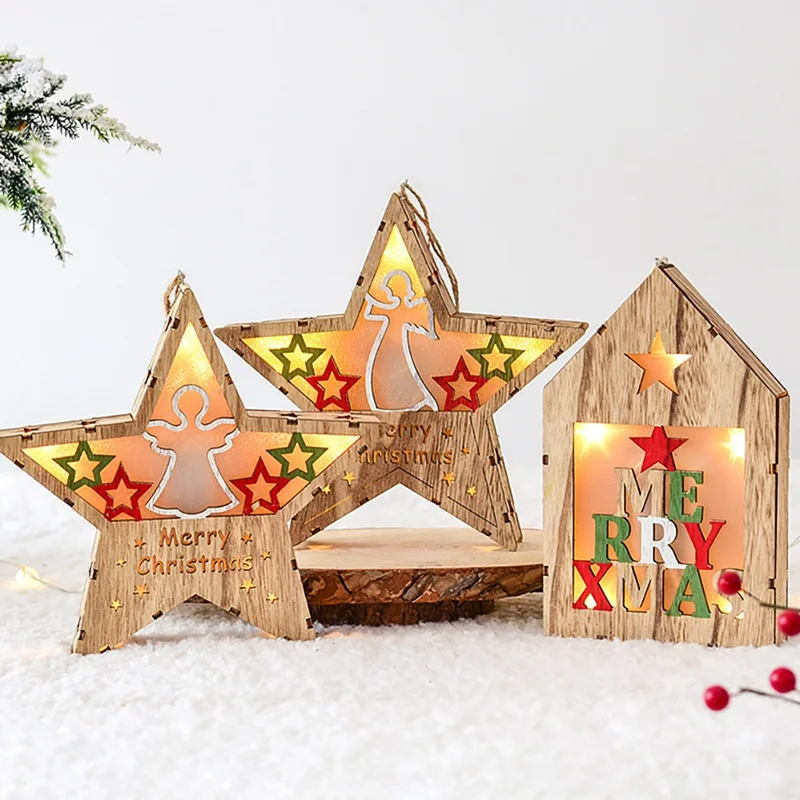 

Led Light Christmas Tree Hanging Pendant Hollow Star Tree Wooden Ornament Christmas Xmas Party 2020 New Year Decoration