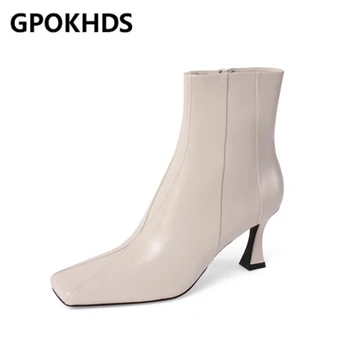 

GPOKHDS 2021 women ankle boots winter short plush zipper square toe Spike Heels high heels female boots size 43