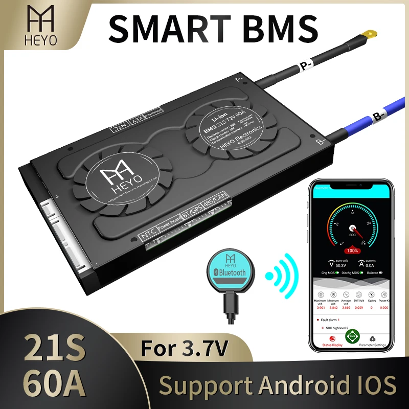 HEYO Smart BMS li ion 21S 72V 77 7 V 60A Bluetooth BT APP GPS UART RS485 CAN USB коммуникация зарядная батарея e