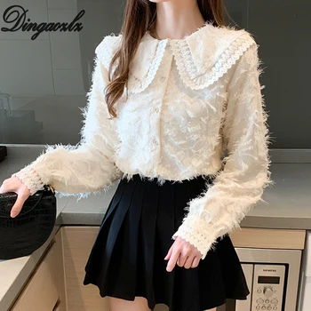 

Dingaozlz Spring Korean Tassel Chiffon shirt Fashion Female Tops Stitching Doll collar Long sleeve Lace blouse