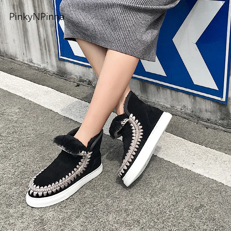 lovely luxury women cow suede sheep wool lining snow boots slip on ankle booties flat casual holiday winter warm shoes plus size