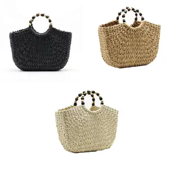

Beach Straw Bag Women Large Hand-woven Purse Summer Rattan Top-handle Tote Handbag with Beaded Handle