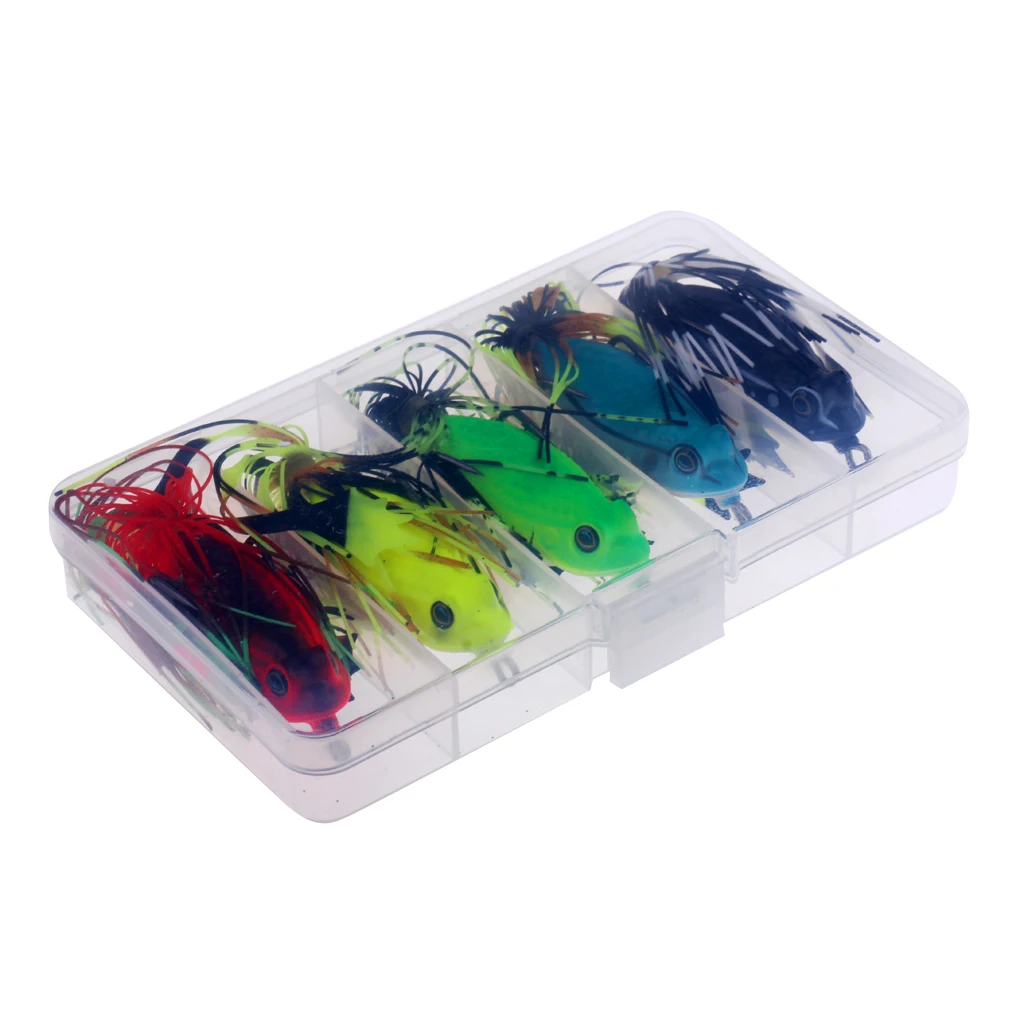 5Pcs Frog Fishing Lures Soft Baits Topwater Crankbait with Threads Skirts