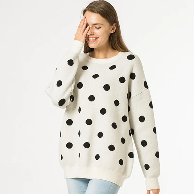 

ALLNeon Women's Knitted Pullovers Boho Dots Print Round Neck Long Sleeve Jumpers Autumn Winter Ladies White Sweaters Streetwear