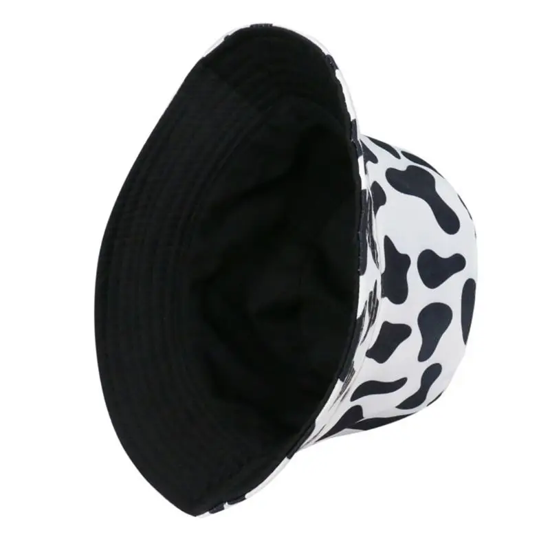Japanese Unisex Summer Bucket Hat Black White Dairy Cow Print Personality Outdoor Sunscreen Reversible Fisherman Cap