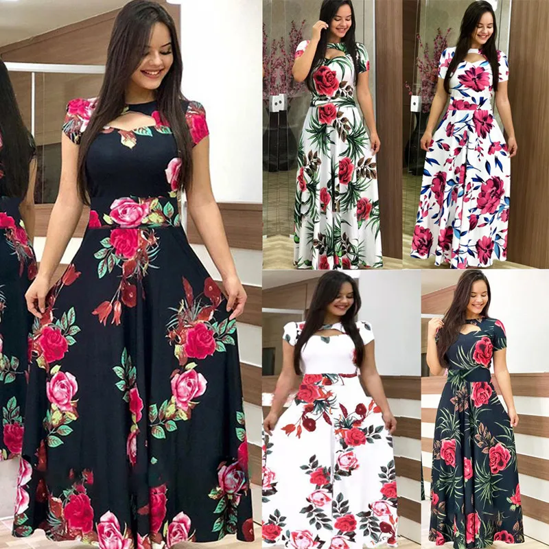 2021 Summer New Elegant Women's Maxi Dress Bohmia Casual Flower Print Robe Fashion Hollow Out Ladies Short Sleeve Vestidos | Женская