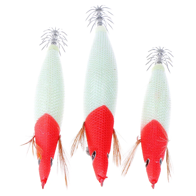 1pc Luminous Squid Jigs 2.5# 3.0# 3.5# Glow Wood Black White Red head Shrimp with Octopus Hooks Cuttlefish Fishing Lure