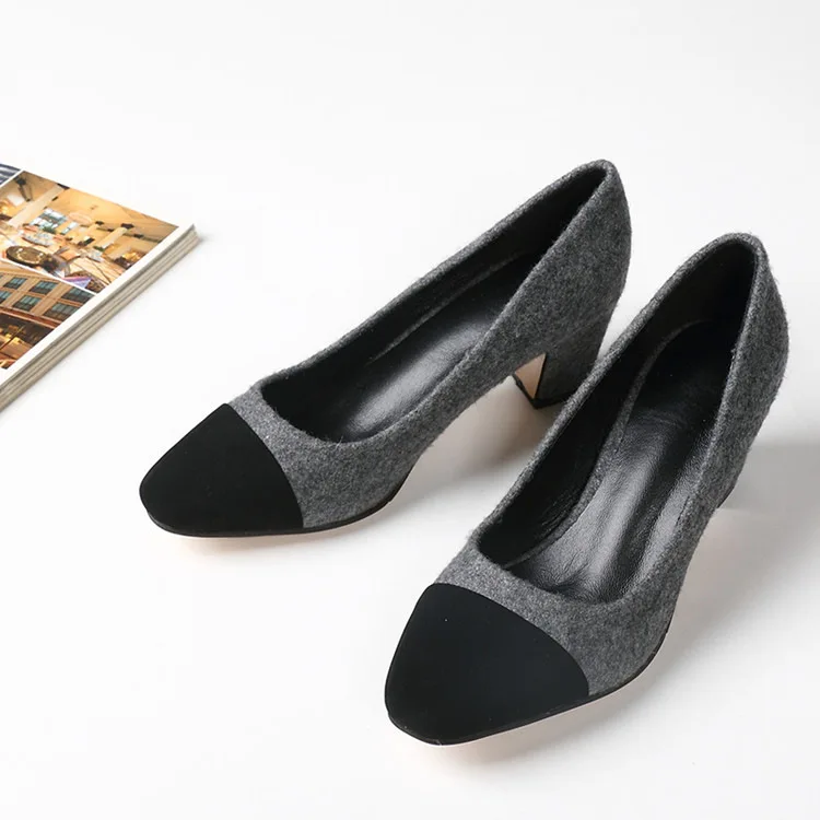 

Europe And America New Style 2017 Gray Square Head Chunky-Heel WOMEN'S Shoes Small Fragrant Double Color Suede Low-Cut Mixed Col