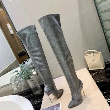 

Top Newest Tall Boots Women Over The Knee Boots Pointed Toe Thin High Heels Boots Solid Color Sequined 35-40