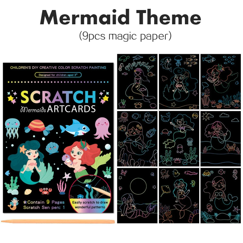 9Pcs/Set Magic Rainbow Color Scratch Art Painting Paper Card Kit Cartoon Dinosaur Unicorn Drawing Board Kids DIY Educational Toy 8