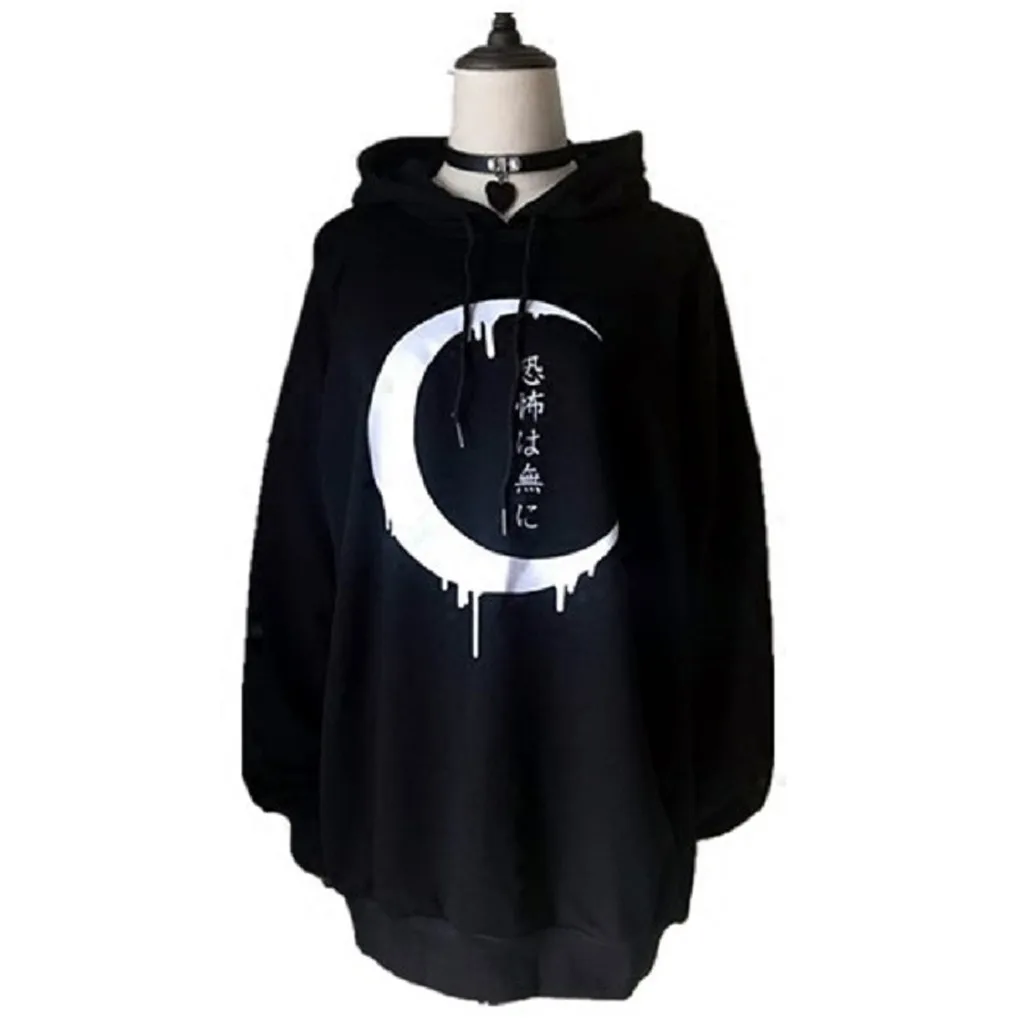 Women Oversized Hoodies Gothic Punk Moon Letter Print Sweatshirts Autumn Winter Long Sleeve Black Hoodie Sweatshirt Outwear#Q