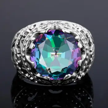 

Women Ring Silver 925 Original Vintage Ring Round Rainbow Topaz Mystical Gemstone sterling silver Jewelry Halloween Party Gift