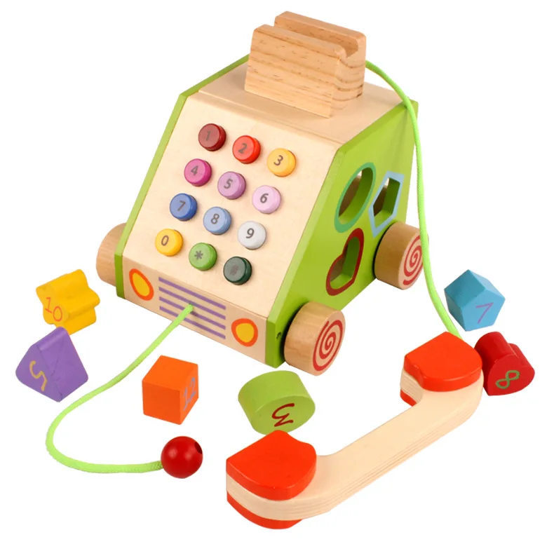 

Children Baby Wood Model with Numbers Multi-functional Phone Set Play House Educational Toy Wooden Car Shape