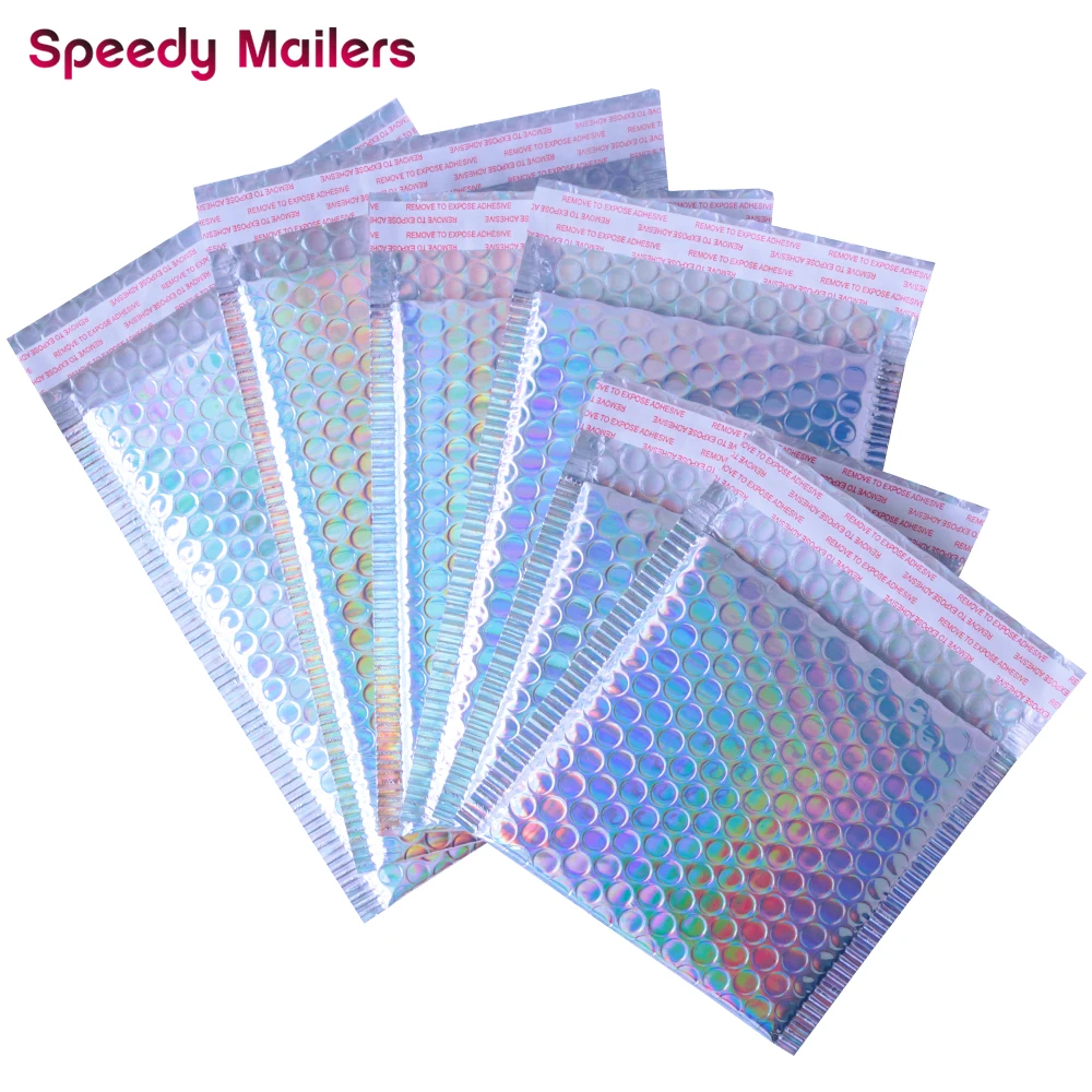10 Uds. De papel de aluminio metálico, bolsa regalo maquillaje, envoltura acolchada colorida, sobre de burbujas, bolsa de correo acolchada de plata con láser