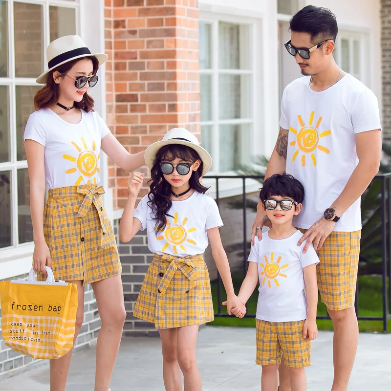 Sun Pattern Round Neck Family Fitted Summer 2019 New Cotton Short Sleeve T-shirt Mother-Daughter a Family of Four Full