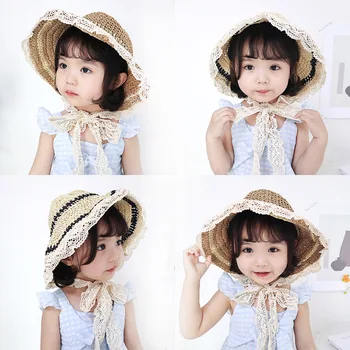 

Spring and Summer College Style Straw Hat Girls Seaside Beach Hat Baby Lace Edge Sun-resistant Fisherman Hat Breathable Thin Sum
