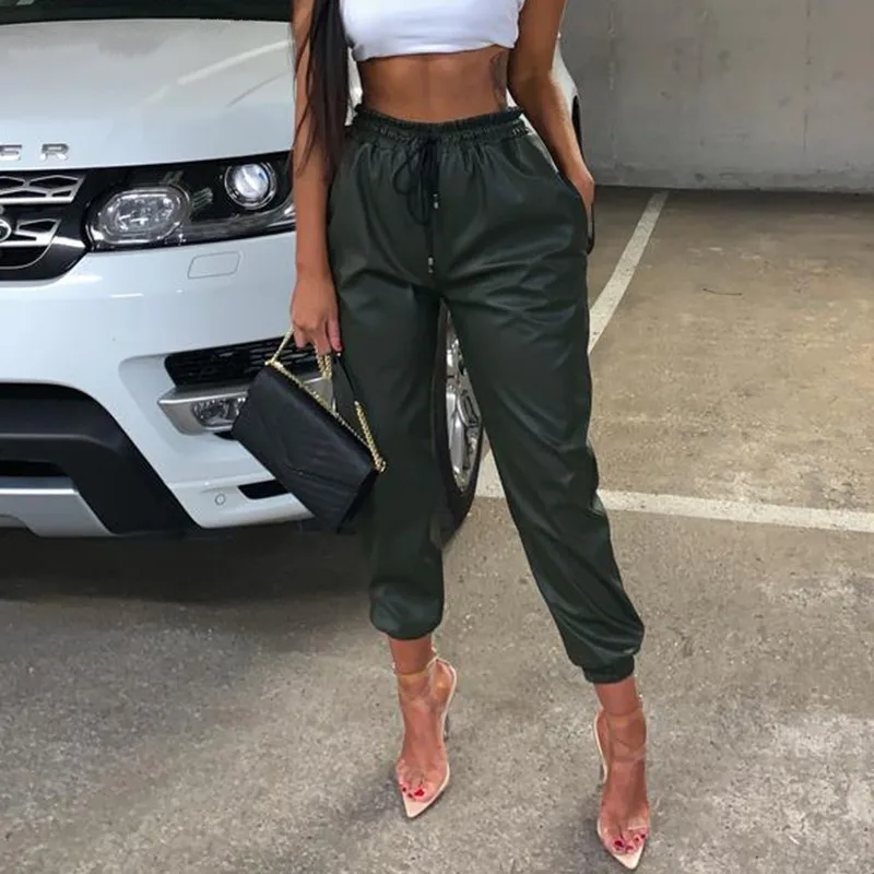 

PU Elastic Lace-up Trousers Elastic Fashion Windproof Neutral Wind High Street Sexy Leather Pants Small Feet Woman Leather Pants