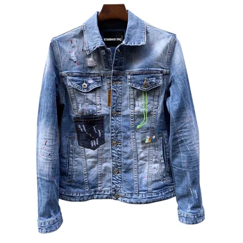 

2021 new denim jacket worn out with holes, patches washed with water, paint points, printed letters, trendy men's wear