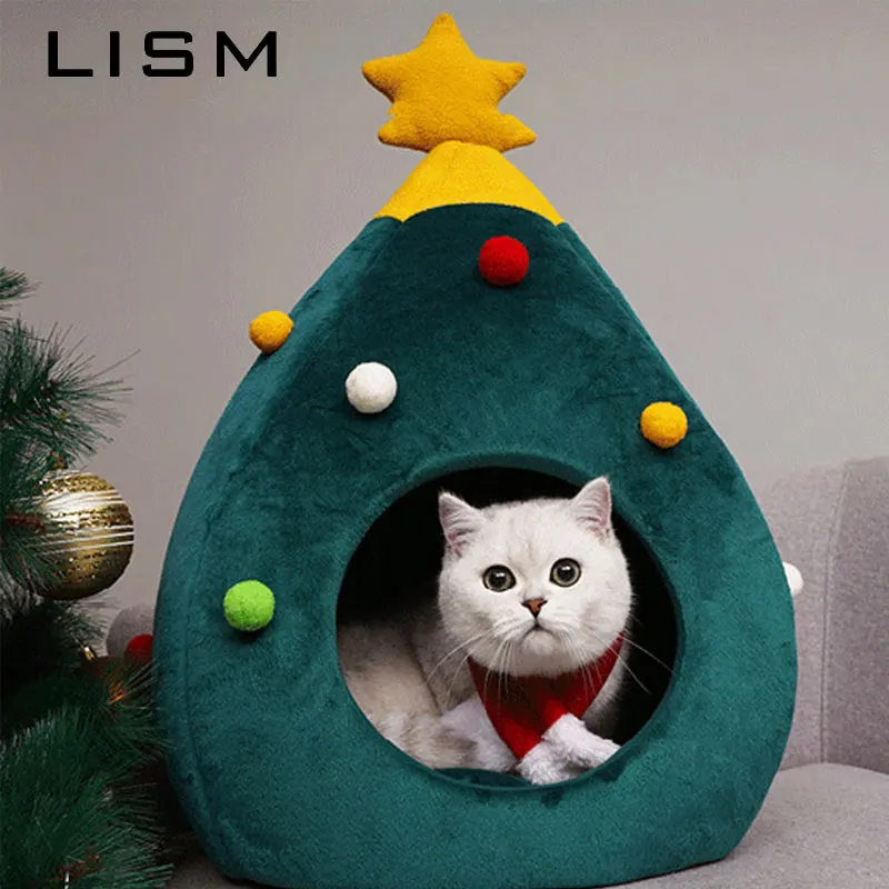 Домик для питомцев кошек, собачья кровать, питомник, пещера, спальная кровать, Рождественская елка, зимняя теплая кровать для котенка, для кошек, собак, клетка, товары
