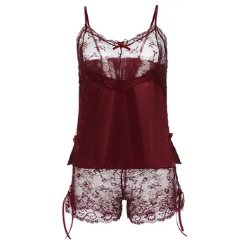 

pijama saten Sets Women Sexy Lingerie Lace Splice Nightwear Satin Sleepwear Bowknot Camisole Short Sets Pajamas oysho пижама