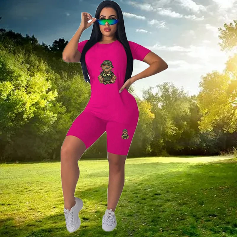 

2PCS Women Summer Sets O-Neck T-shirt+Elastic High Waist Shorts Bear Printing Casual Tracksuit Fitness Jogging Female Outfits