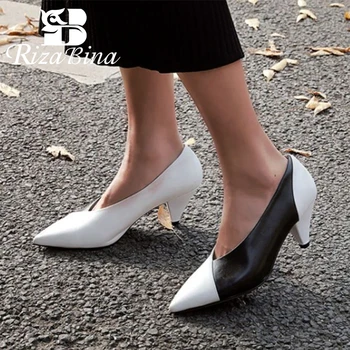 

RIZABINA New Women Pumps Genuine Leather Pointed Toe Mixed Color Strange Heel Stylish Shoes Slip On Female Footwear Size 34-43