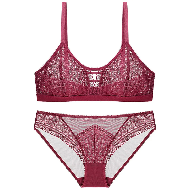 Frence lace triangle cup sleep women clothes sexy bra set wire free underwear sets girls bralette with pad and panties