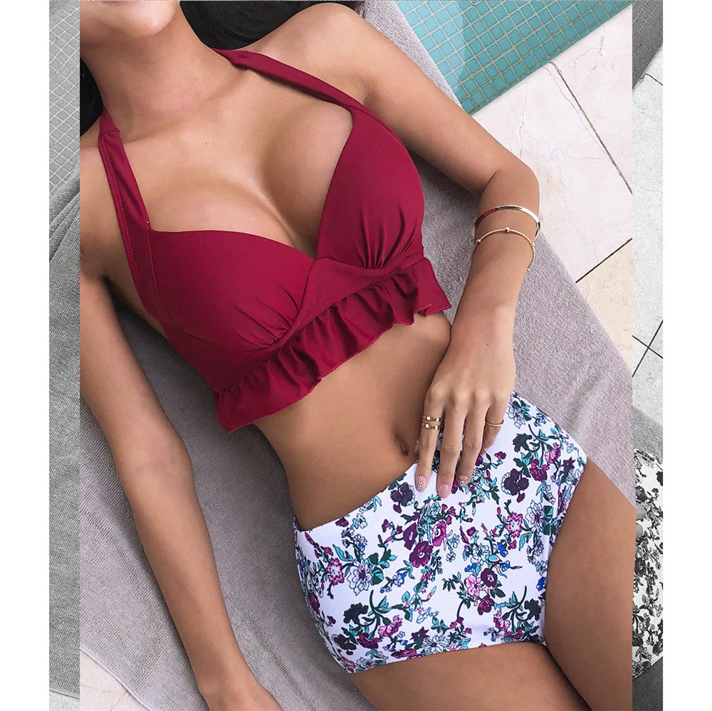 

2020 Sexy Vintage Retro Halter Neck Push Up High Waist Bikini Set Ruffled Swim Bath Suit Women Swimsuit Woman Swimwear 2 Piece
