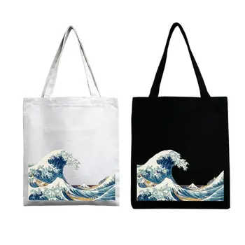 

Large Sea Wave Print Canvas Shoulder Bag Casual Tote Shopping Handbag 517D