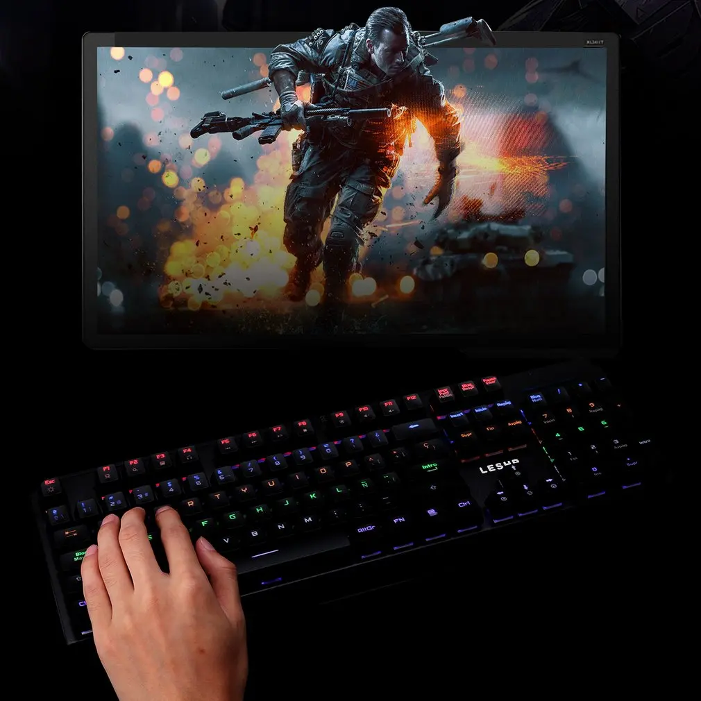 LESHP USB Interface Adjustable Brightness& Frequency 6 Backlight Modes Wired Mechanical Multimedia Game Gaming Keyboard