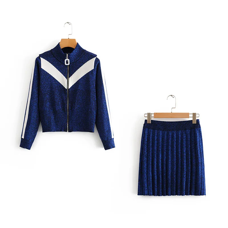 

Luxury Designer Brand Women's Knitted Sets for Women Casual Zipper Ice Silk Top and Pleated Skirt 2PCS Set