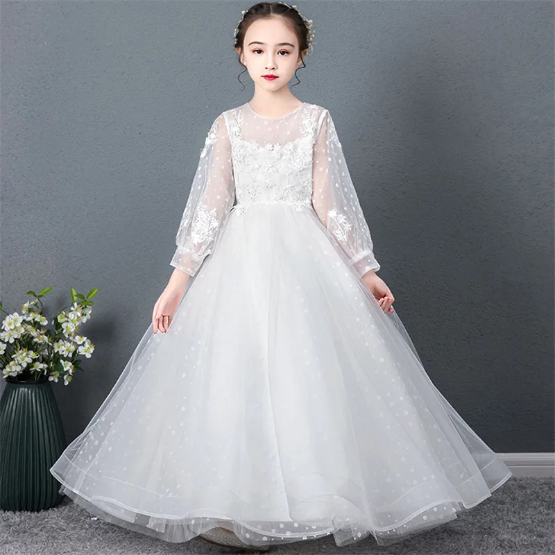Роскошное Новое Детское однотонное белое Сетчатое платье принцессы на свадьбу, день рождения, вечеринку Детские торжественные платья