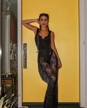 

Casual Jumpsuit 2019 Summer V-neck Lace Pink Tassels Bodycon Stretch Bandage Jumpsuit High Quality Black Plait Women Jumpsuits
