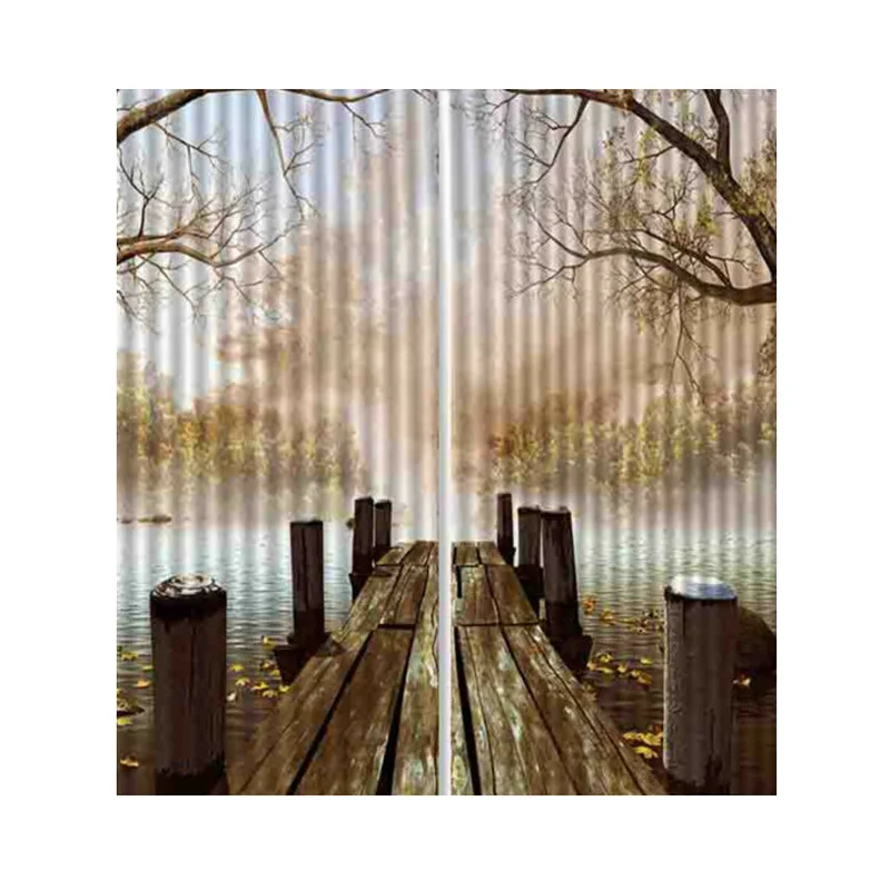 2pcs Set Panels Room Decoration Thermal Insulated 3D Window Curtain 55 x 39 Inch - Цвет: Wooden Bridge