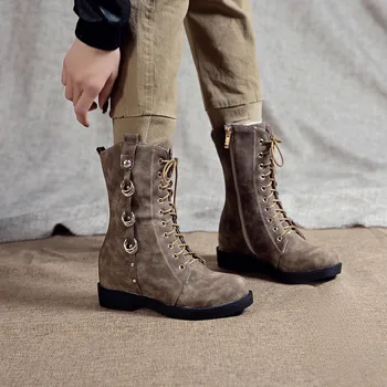 

Vintage Chunky Low Heels Cross Lace Up Metal Ring Design Gothic Ankle Western Military Combat Boots Winter Shoes Women