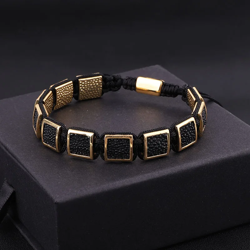 High Quality Black Snake Skin Leather Square Charm Braided Friendship Macrame Adjustable Bracelet Men - Image 4