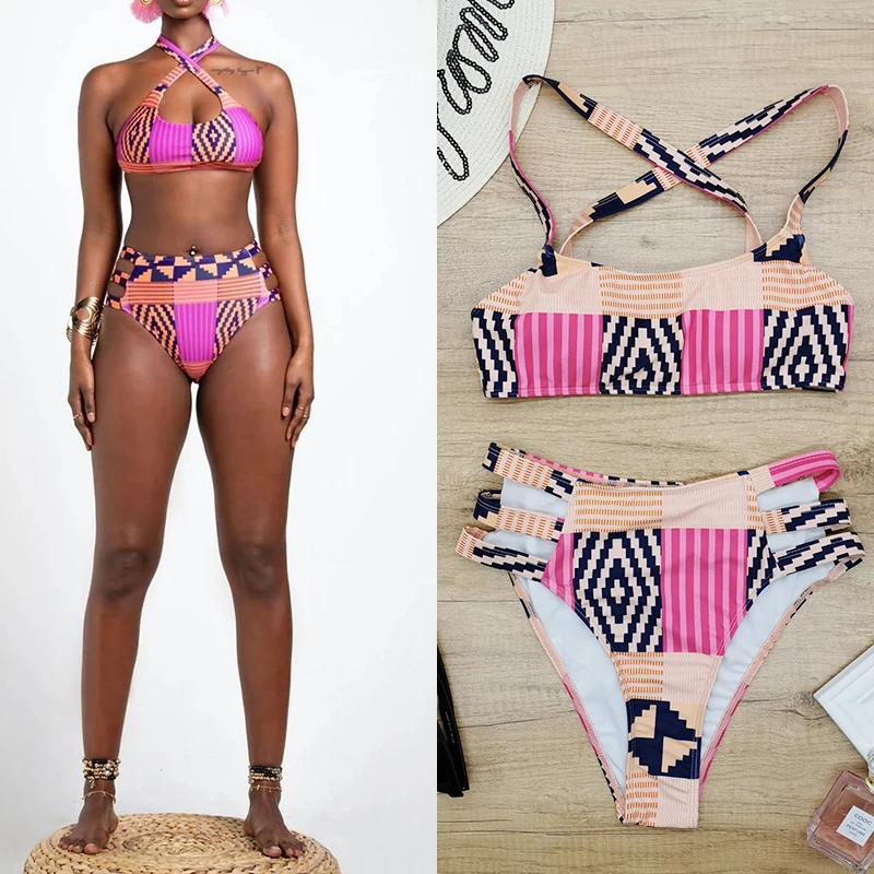 Африканский купальник с этническим узором, Женский винтажный Ретро бикини, набор, новинка, бандаж, высокая талия, купальник, пуш-ап, женский купальник - Цвет: 0065