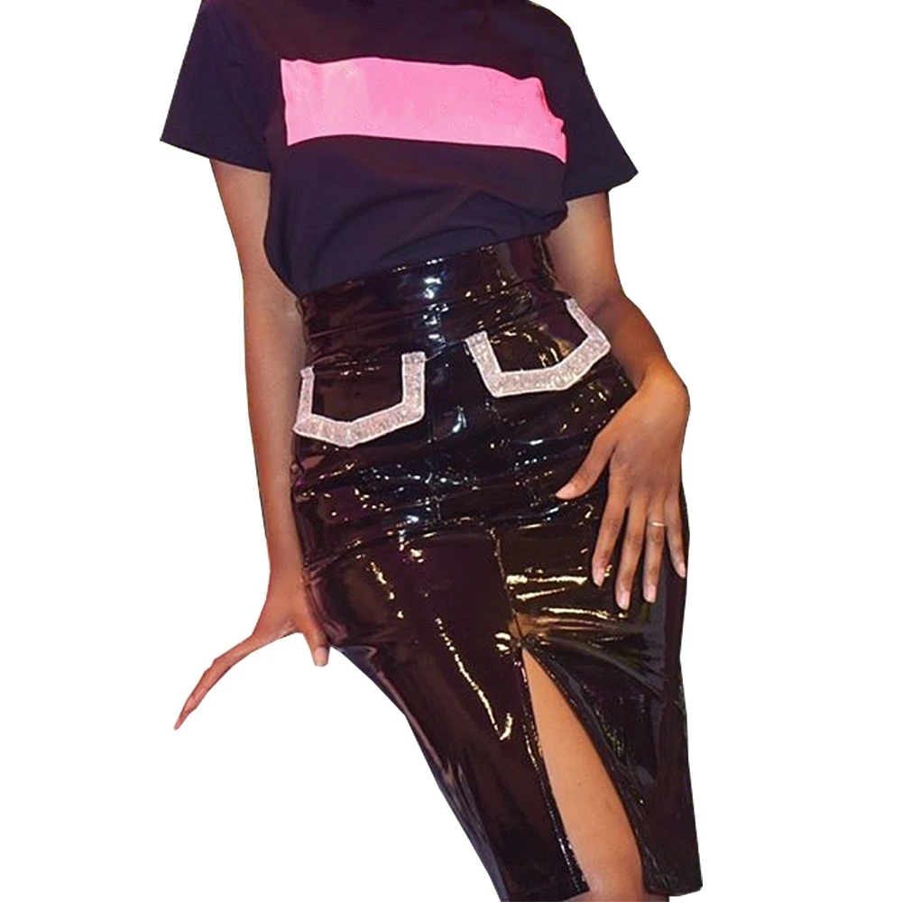 Sexy Club Bling Bling Sequin Skirt Women High Waist Side Pockets Skinny Black Skirts Plus Size Front Split Midi Bandage Skirt
