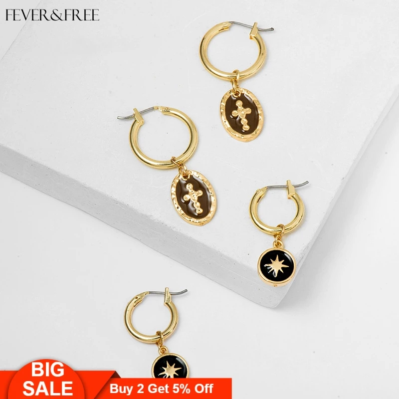 

Fever&Free New Design Vintage Small Hoop Earrings Round Enamel Cross Earrings Brinco Party Pendant Charm Jewelry Aretes De Mujer