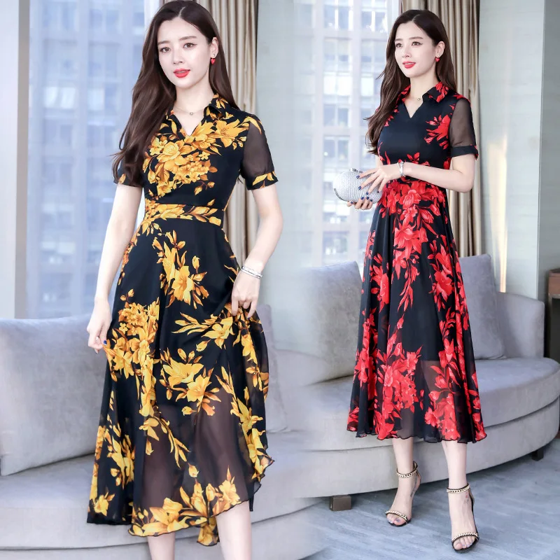 

2019 Summer New Style Debutante Elegant Waist Hugging Slimming Printed Dress Big Hemline Chiffon Dress Women's Popular Skirt