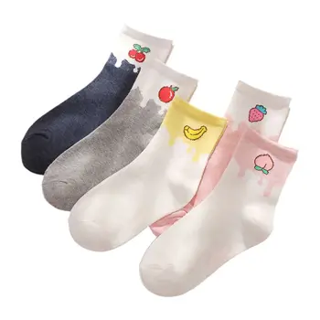 

5 Pairs Women Harajuku Long Crew Socks Colorblock Fruit Sport Mid Tube Hosiery