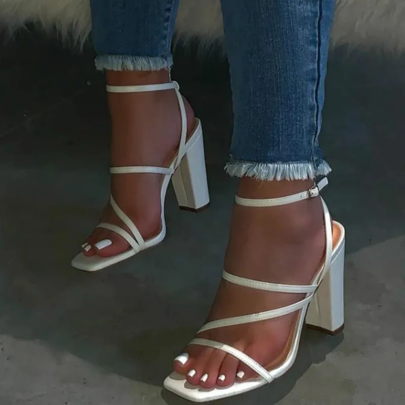 

2020 White Strappy Mule Heels Sandals Slippers Pink Women High Heels Flip Flops Square Toe Slides Brown Party Shoes New