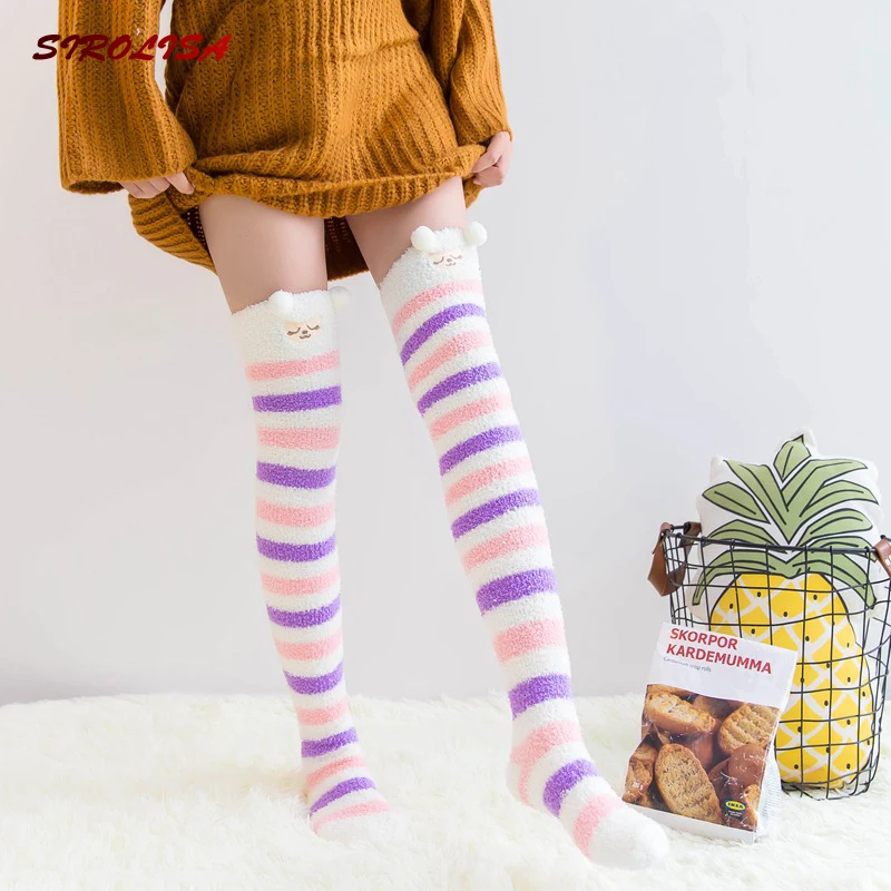 

Cosplay Cute Stockings Women Thicken woollen stockings winter coral velvet Kawaii hosiery Japanese lovely cartoon lolita socks