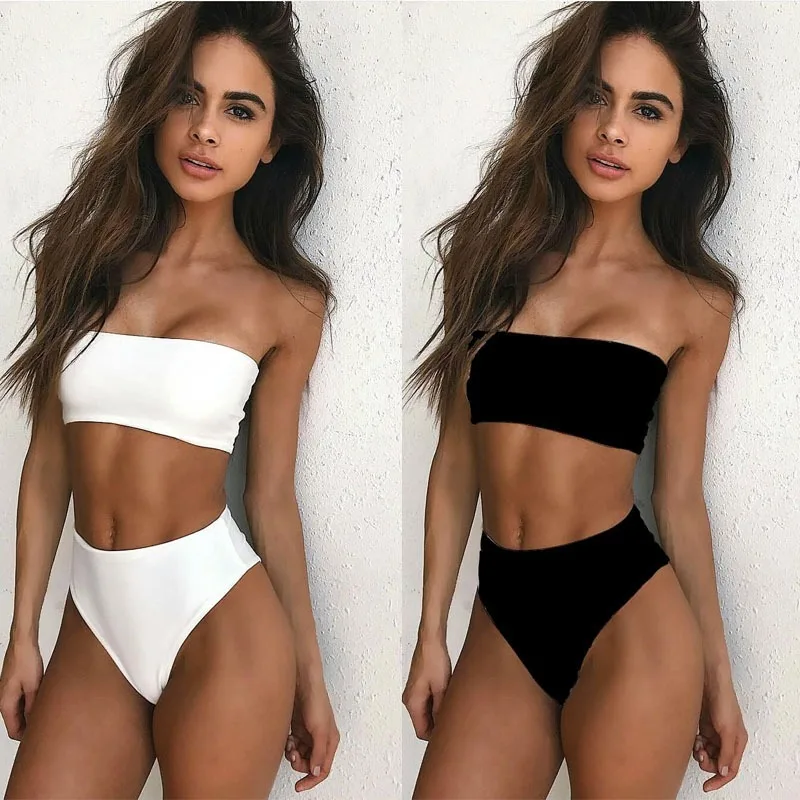 

Black White Tube Top Solid Color Print Swimsuit Women High Waist Bikini 2019 New Split Swimsuit Sexy Leaves Print Swimsuit Set