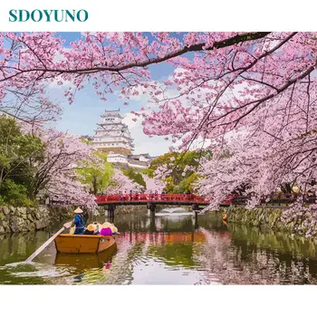 

SDOYUNO Acrylic Painting By Numbers Cherry Blossom River Flower 60x75cm pictures by numbers For Adults DIY Frameless Home Decor