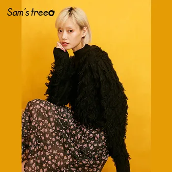 

SAM'S TREE Black Solid Fringe Knit Pullover Sweater Women 2019 Winter Long Sleeve Casual Pure Office Ladies Basic Tops
