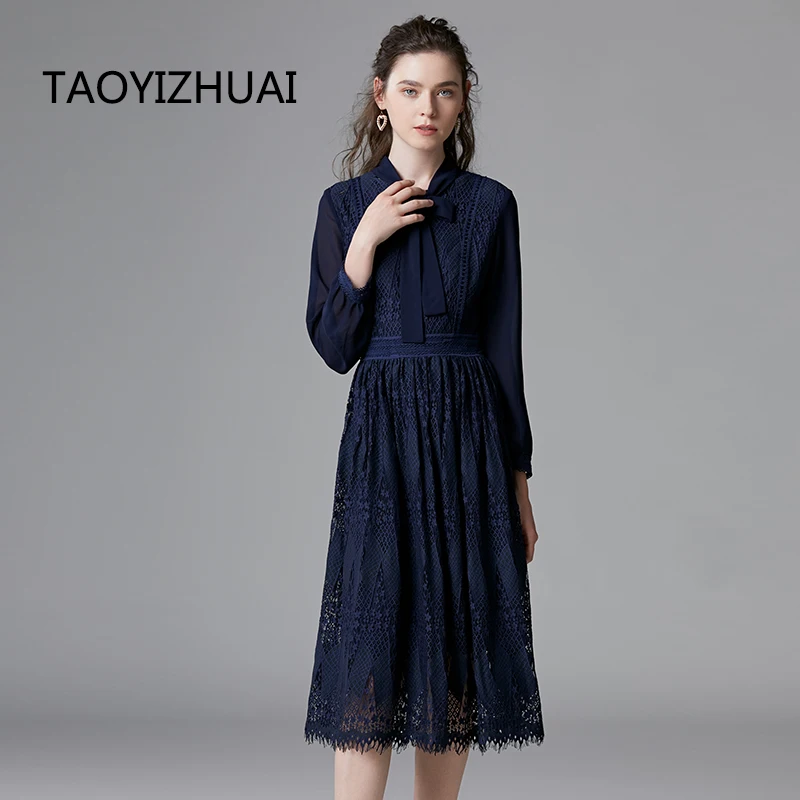 Женское винтажное платье с длинным рукавом TAOYIZHUAI синее трапециевидной формы