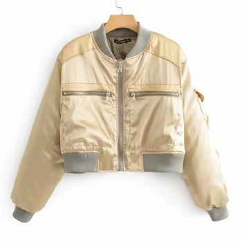 

Autumn 2019 women's new round neck long sleeve rib trim silk satin short pilot jacket 04341230312