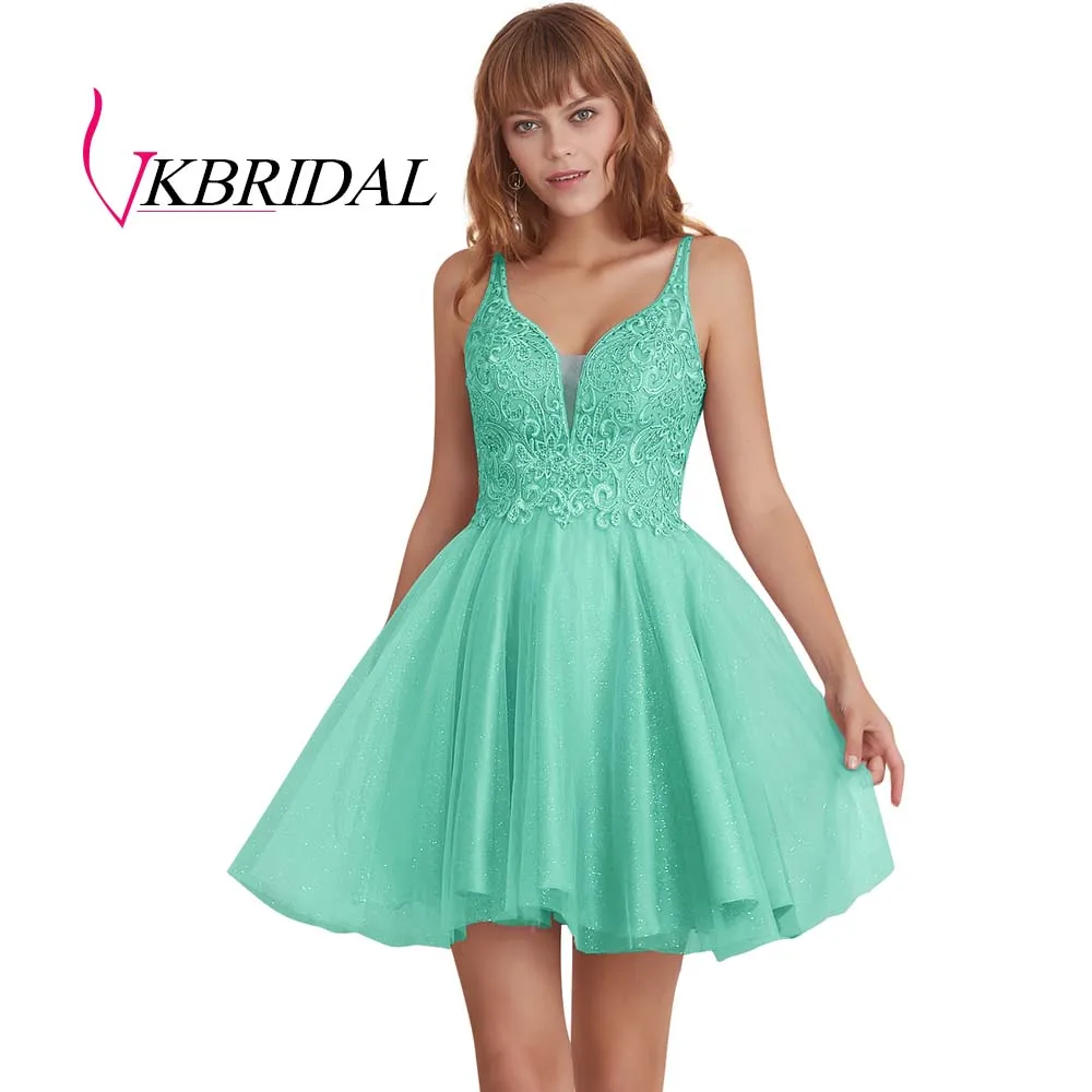 mint VKBRIDAL, сексуальные короткие платья для выпускного вечера с открытой спиной,, тюль, аппликация, кружево, бисер, милое платье для выпускного вечера, vestido de formatura - Цвет: mint